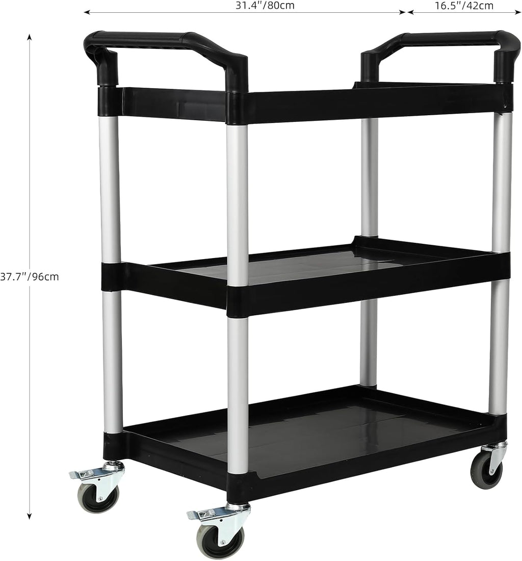 3-Tier Utility Rolling Cart with Wheels, Durable Catering carts with Wheels, Rolling Storage Cart for Hotel Canteen Resturant Office (Black, 34.4" D x 16.5" W x 37.7" H)