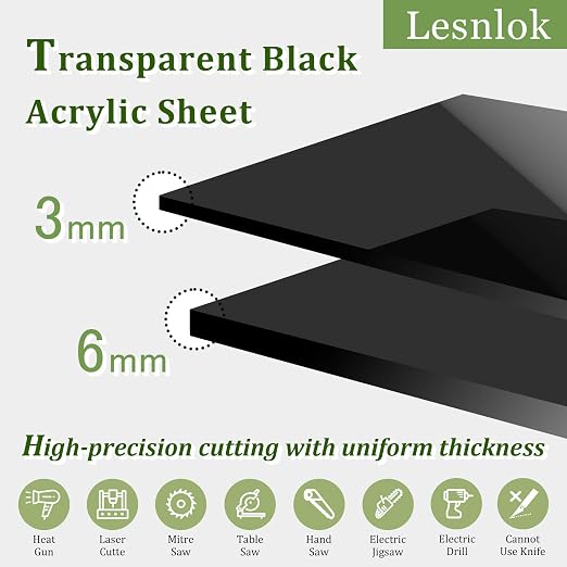 Lesnlok Black Transparent Acrylic Sheet 1/4 inch Thick 6mm 1 Pieces 8 x 12 Cast - Image 3