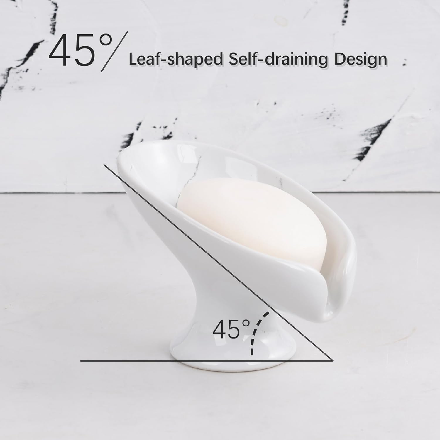 Soap Dish Set, Self Draining Bar Soap Holder for Bathroom Sink, Leaf Shaped Drainage Soap Dish Ceramic Marble Porcelain Decorative Soap Dishes 2PCS, No Suction Cup, ANTIS'S HOME