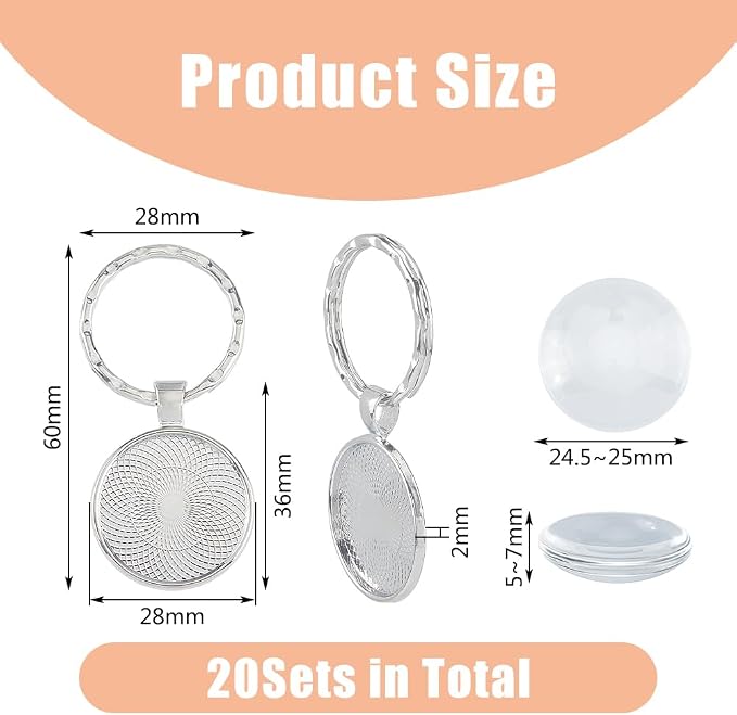 DICOSMETIC 20 Sets Keychain Making Kit 25mm/0.98" Round Trays Platinum Alloy - Image 2
