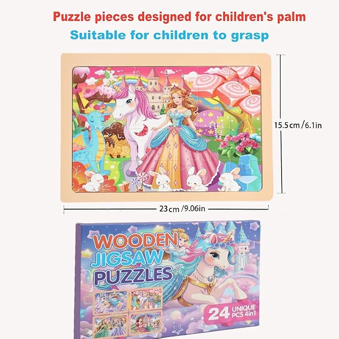 jWooden Puzzle for Kids 4-6 Years Old, 4 Pack of 24 Pieces Unicorn Princess - Image 5