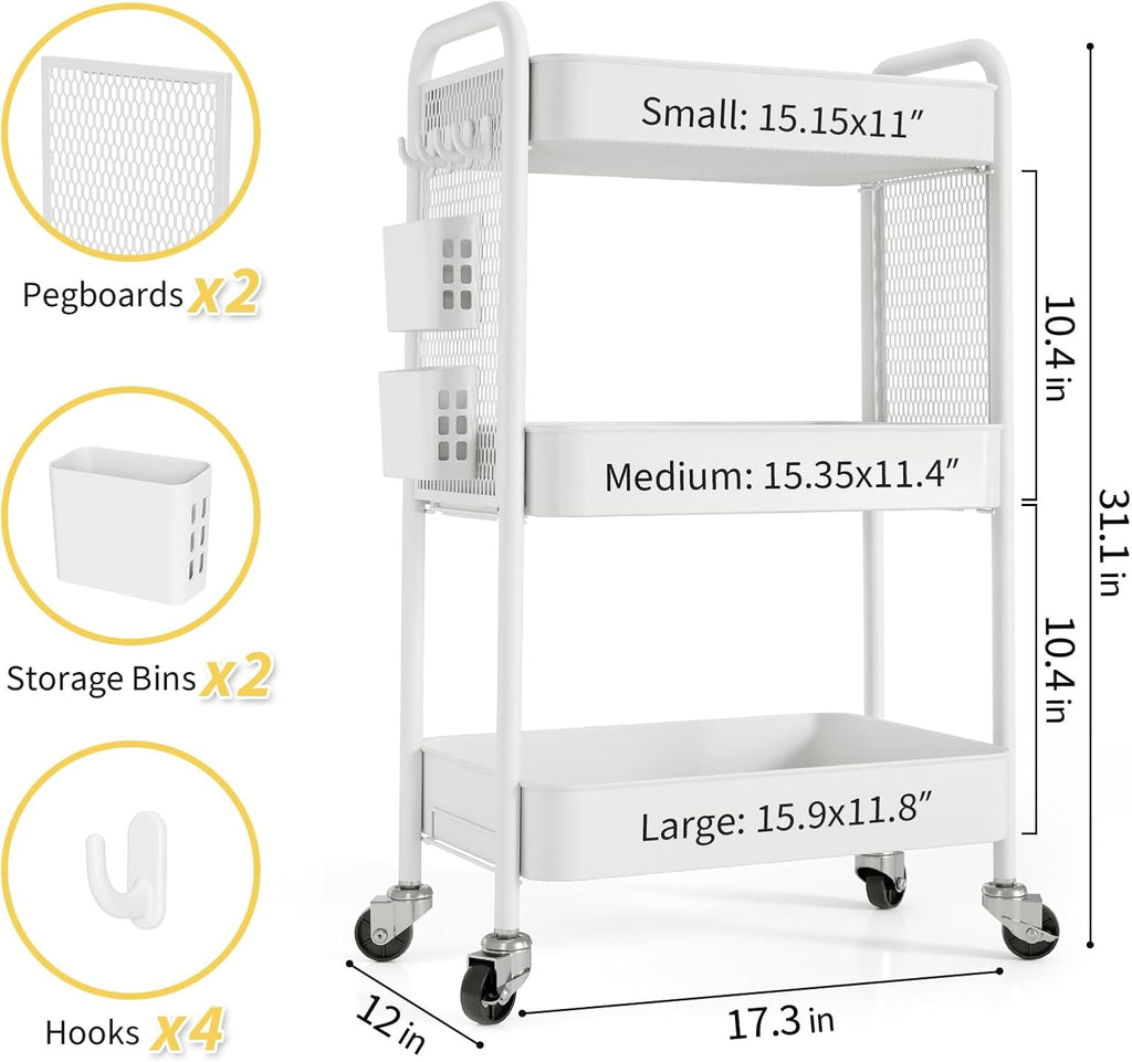 TOOLF 3 Tier Rolling Cart Storage Organizer, Metal Rolling Utility Cart with Wheels, Hooks & Bins Esthetician Craft Art Sturdy Storage with Pegboard for Bathroom, Kitchen, Office, Nursery Diaper