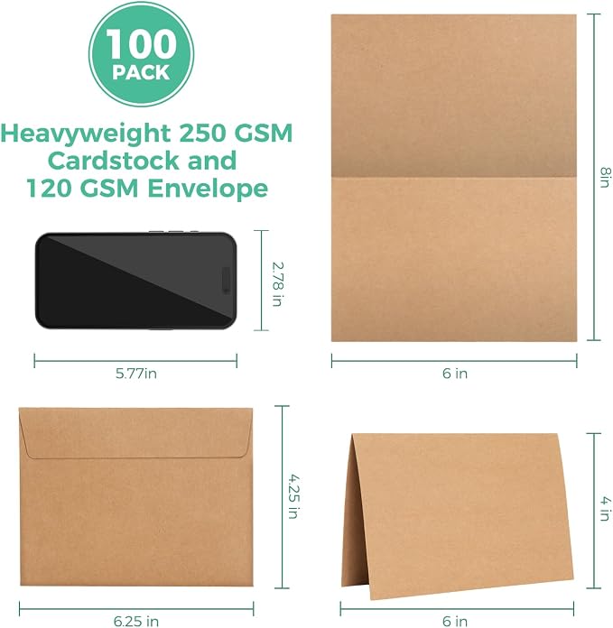 Ohuhu 4x6 Blank Brown Kraft Cards and Self-Seal Envelopes 100 Pack | 4"x6" - Image 2