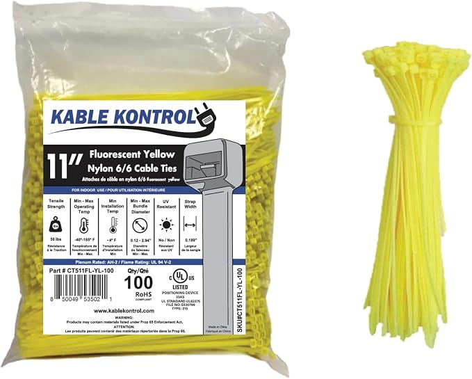 Kable Kontrol Fluorescent Yellow Zip Ties 11 Inch 100 Pcs, 50 Lbs Tensile by KABLEKONTROL%C2%AE