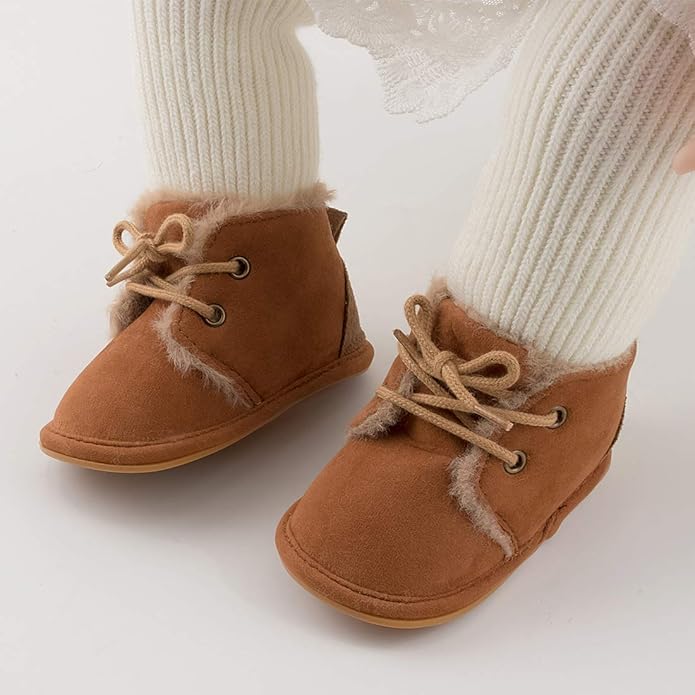 Baby Unisex Warm Snow Boots Newborn Leather Fur Lace Up Ankle Anti-Slip Rubber Texture Sole Toddler Prewalker Winter Crib Shoes
