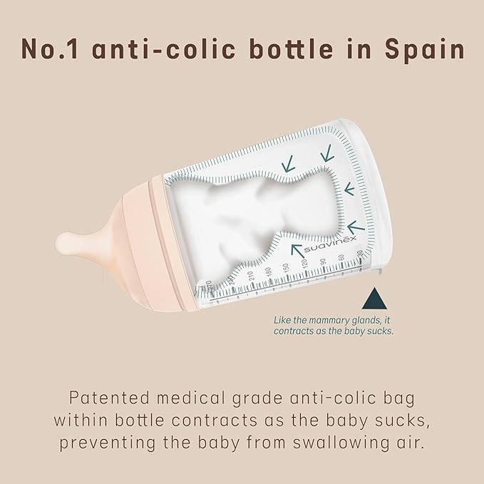Suavinex Zero Zero Anti Colic Baby Bottle, No 1 Spanish Baby Bottle Brand, Minimizes Bottle Rejection & Nipple Confusion, Perfect for Breastfeeding Babies, 9 oz, Medium Tone, Medium Flow