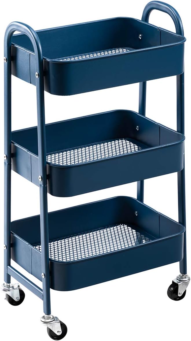AGTEK Makeup Cart, Movable Rolling Organizer Cart, 3 Tier Metal Utility Cart,Navy Blue
