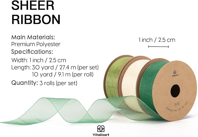 Vitalizart Green & Cream Ribbon Organza Sheer Ribbon 1 inch x 30 Yd Handmade - Image 2
