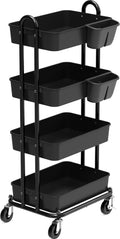 Simple Houseware 4-Tier Multifunctional Rolling Utility Cart with Hanging Buckets, Black