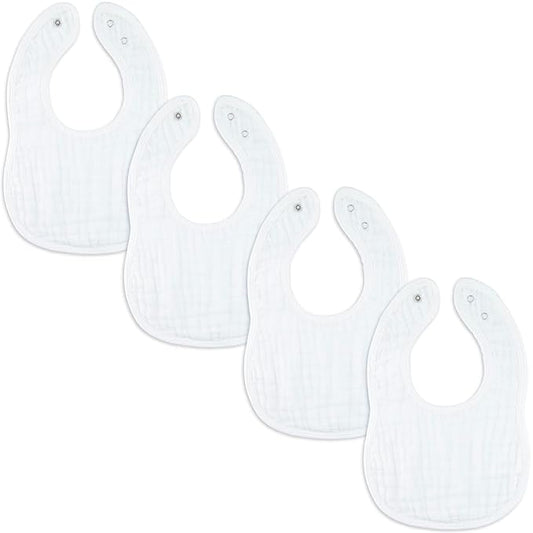 Comfy Cubs Muslin Bibs for Babies, Pack of 4 - Soft and Highly Absorbent, Feeding, Drool and Teething Bib, Adjustable Snaps - Stylish & Colorful Unisex Designs, Giftable Set - White