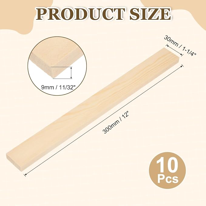 MECCANIXITY 10Pcs Wood Strips Slats, 11/32" x 1‑1/4" x 12" Thin Wood Sticks - Image 2