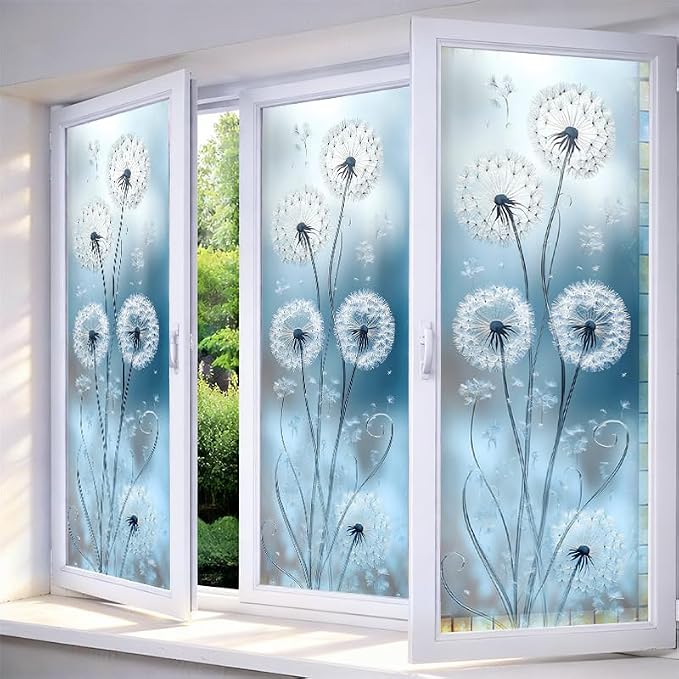 IVN Privacy Window Film Stained Glass Window Cling White Dandelion Design by IVN