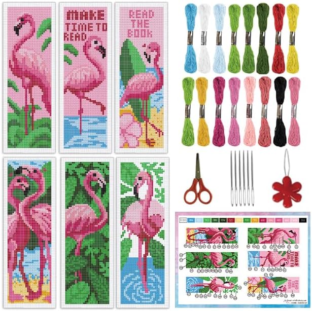 INFUNLY 6PCS Flamingo Cross Stitch Bookmarks Kit Pink Handmade Cross Stitch by INFUNLY