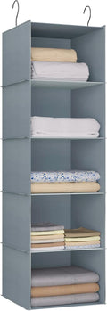 Hanging Closet Organizer 5-Shelf, Easy Mount Foldable Wardrobe Storage Shelves, Clothes Handbag Shoes Accessories, Washable Oxford Cloth Fabric, Gray