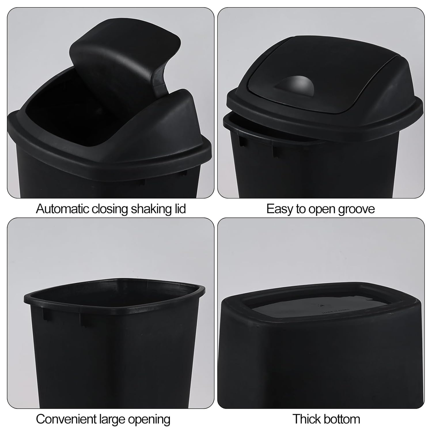 10 Gallon Plastic Garbage Bin with Lid, Swing Top Waste Container, Kitchen Trash Can with Swing Lid, Black, 4 Packs