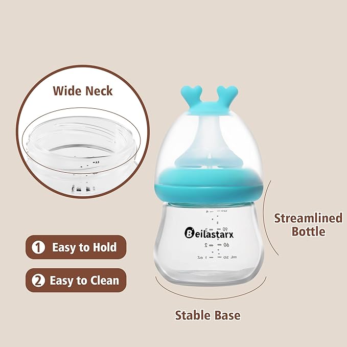 Glass Baby Bottles with Natural Response Nipple Size SS - Anti Colic Baby Bottles Wide Neck Slow Flow Baby Bottle (Blue, 4oz (Pack of 4))