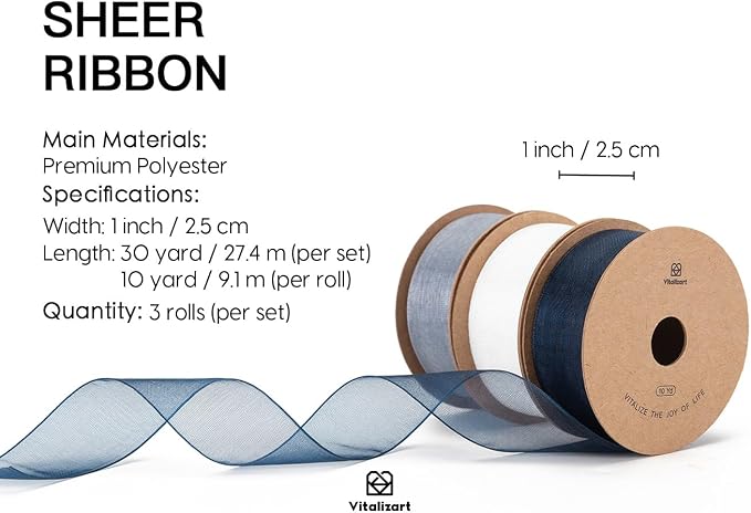 Vitalizart Blue & White Organza Sheer Ribbon 1 inch x 30 Yd Handmade Fabric - Image 2