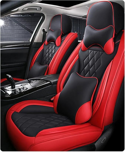 Leather Car Seat Covers for Volkswagen Atlas 2019-2023 Waterproof,Breathable and Non-Slip Napa Leather Car Interior Seat Covers,Comfortable and Durable,Easy to Install (5PCS,Luxury,Black+Red)