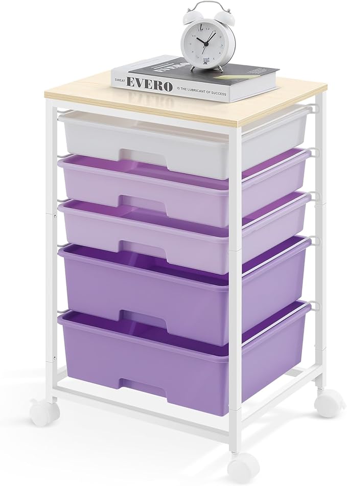 SYKIARIOL Utility Cart with 5 Drawers, Storage Drawer Cart with Wooden Tabletop by SYKIARIOL