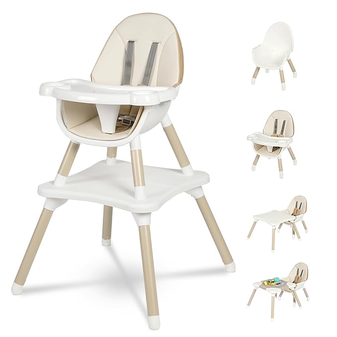 Gofirst 6 in 1 Baby High Chair,Convertible High Chairs for Babies and Toddlers/Booster Seat/Table and Chair Set,Baby Feeding Chair/5-Point Harness,4-Position Removable Tray&PU Cushion Baby Highchair