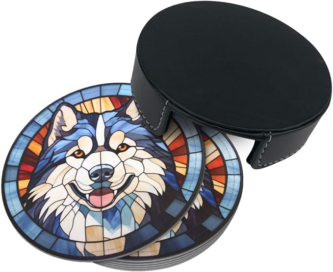 Drink Coaster Set of 6, Alaskan Malamute Dog Mom Lover Gift, Leather Drink - Image 9