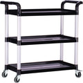 Plastic Utility Carts with Wheels, Heavy Duty 510lbs Capacity Rolling Service Cart, 3-Tier Restaurant Food Cart with Hammer for Office, Warehouse, Garage (Lockable Wheels, Black)