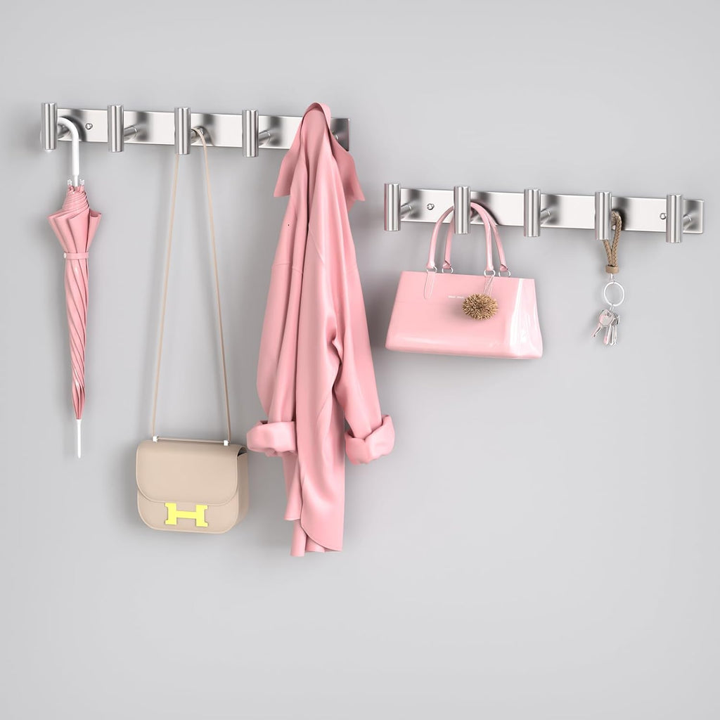 PMMASTO Coat Rack Wall Mounted, 5 "T Shaped Wall Hooks for Hanging, Heavy Duty Stainless Steel Coat Hook Rail for Hat Towel Robes in Bathroom Kitchen Mudroom Entryway (Silver, 2 Pack)