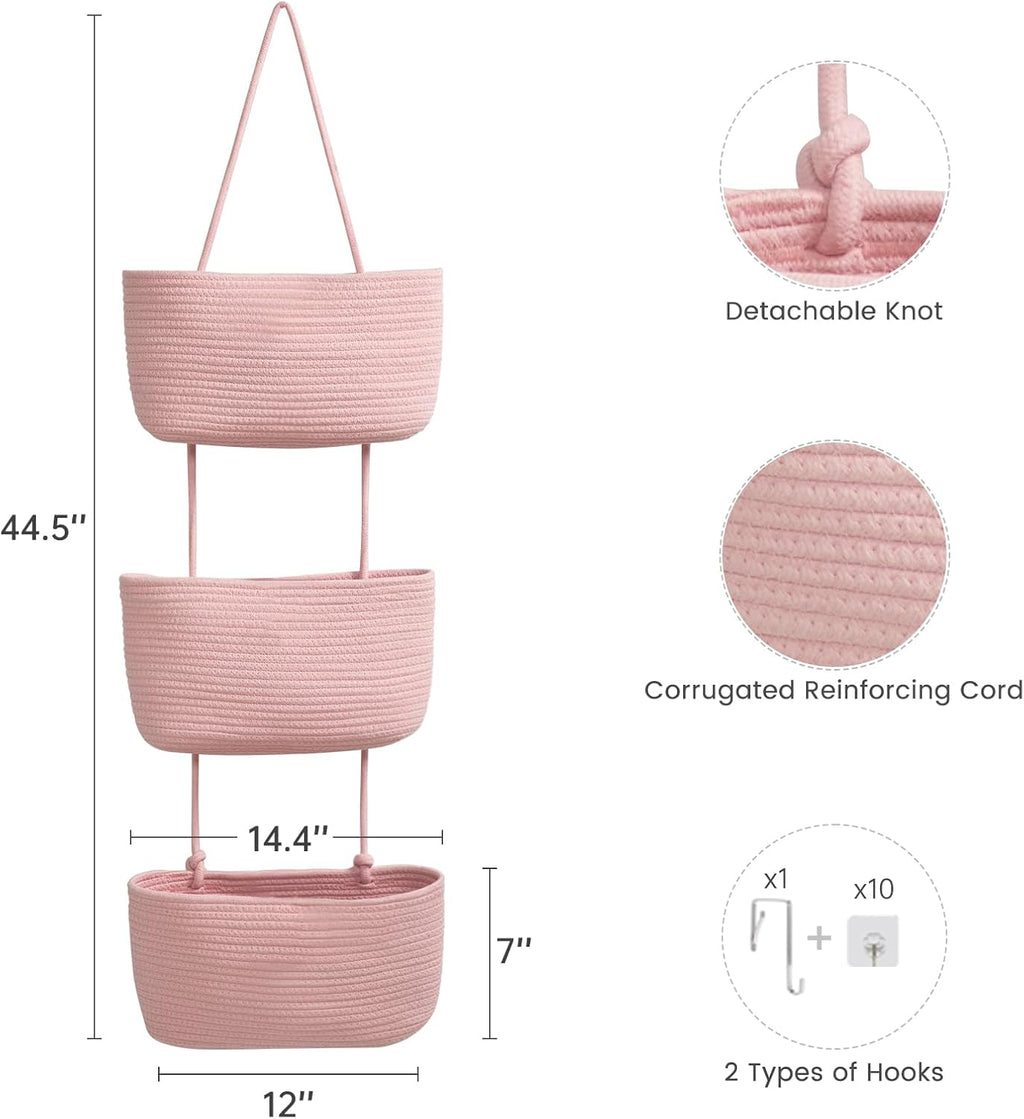TeoKJ 3-Tier Wall hanging Storage Bags, Over the Door Organizer, Decorative Cotton Rope Hanging Baskets, Pink