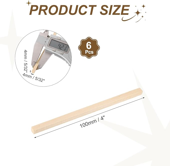 MECCANIXITY 6Pcs Basswood Sticks, 5/32" x 5/32" x 4" Square Wooden Dowel Rods - Image 2