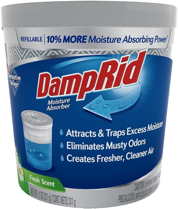 Damp Rid Refillable Moisture Absorber, Includes Single Damp Rid Fresh Scent 11oz. Cup & 44oz. Refill Bag - Moisture Absorbers for Closet, 10% More Absorbing Power*, Cleaner Air - ILIOS Packaging.