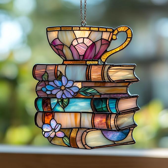 Floral Books and Tea Acrylic Suncatcher Stained Glass Effect Window Car Hanging by AVAGAN