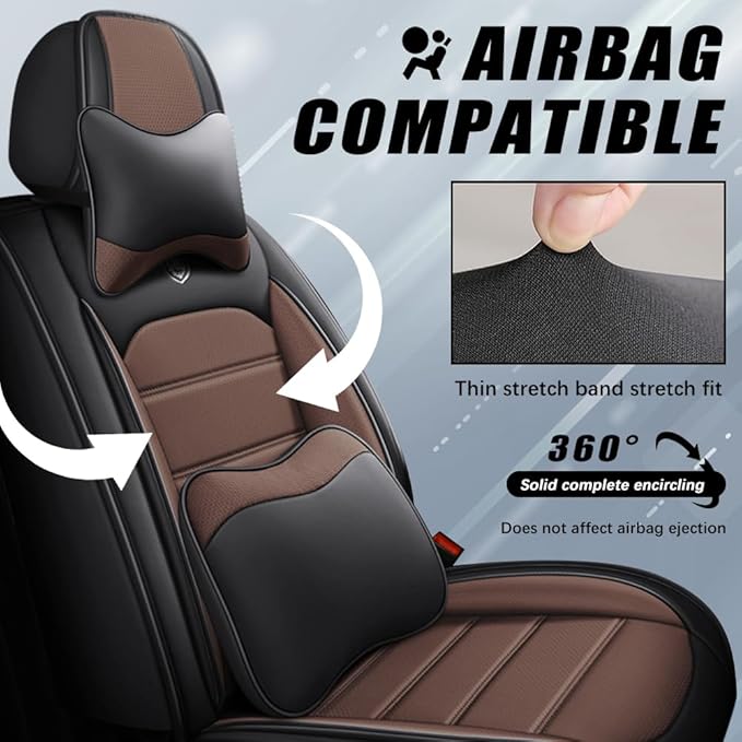 Leather Seat Cover for Ford Edge 2010-2026,Waterproof Soft Seat Covers,Interior Accessories Seat Covers Cushion Vehicle Protector Airbag Compatible(Black&Coffee,Full Set with Pillow)