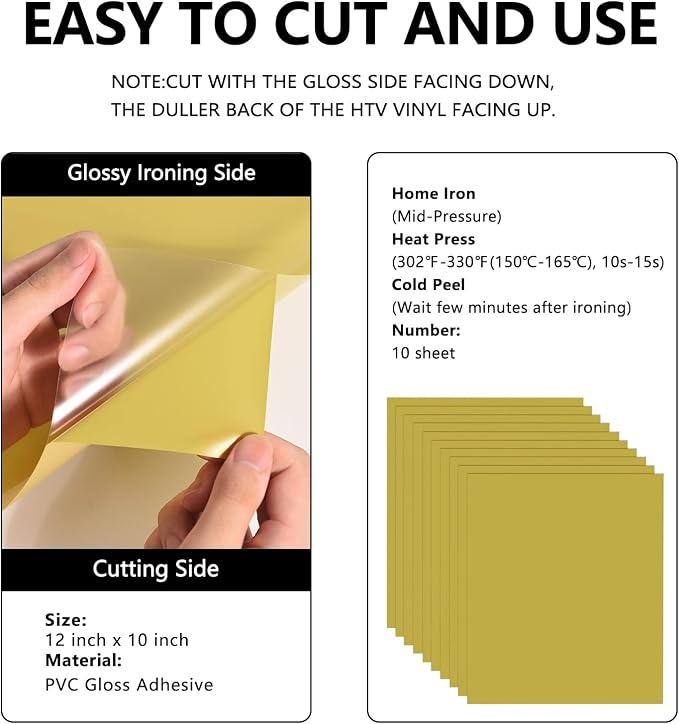 FUNKAKA Golden HTV Heat Transfer Vinyl Bundle, 10 Sheets Sticky HTV Vinyl - Image 2