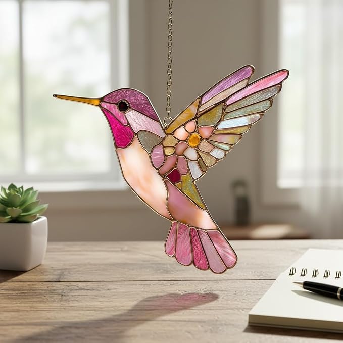 Pink Floral Hummingbird Acrylic Suncatcher - Image 4