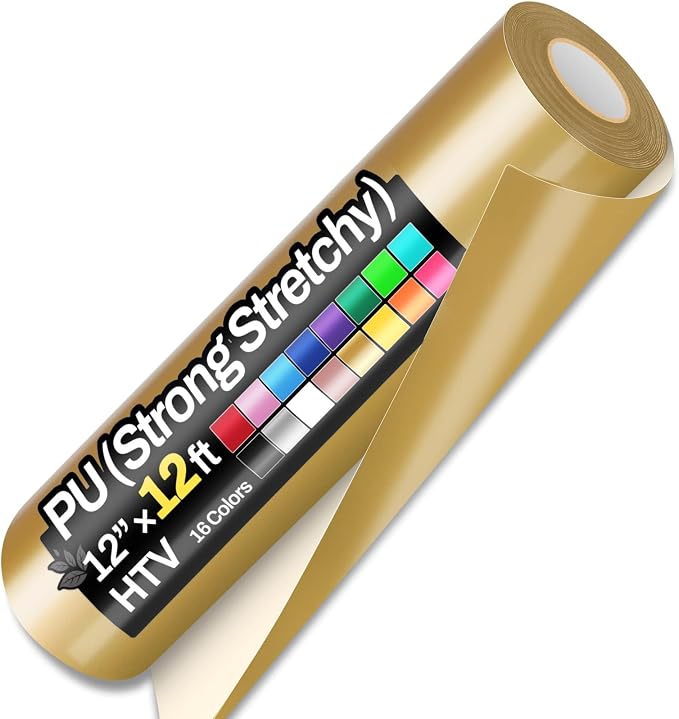 Sooez 12" x 12ft Heat Transfer Vinyl Rolls, Strong Stretchy PU HTV Gold by Sooez