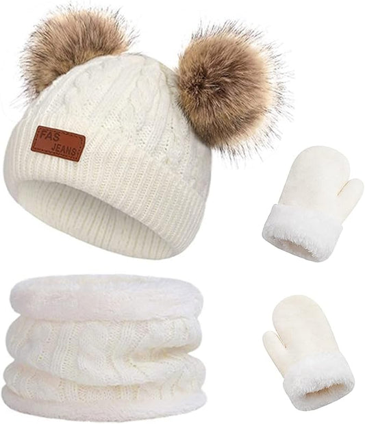 Duoyeree Baby Winter Hat Scarf Glove Beanie Set Girls Boys Pom Pom Knitted Beanie Mitten Scarves for Toddler 0-3T