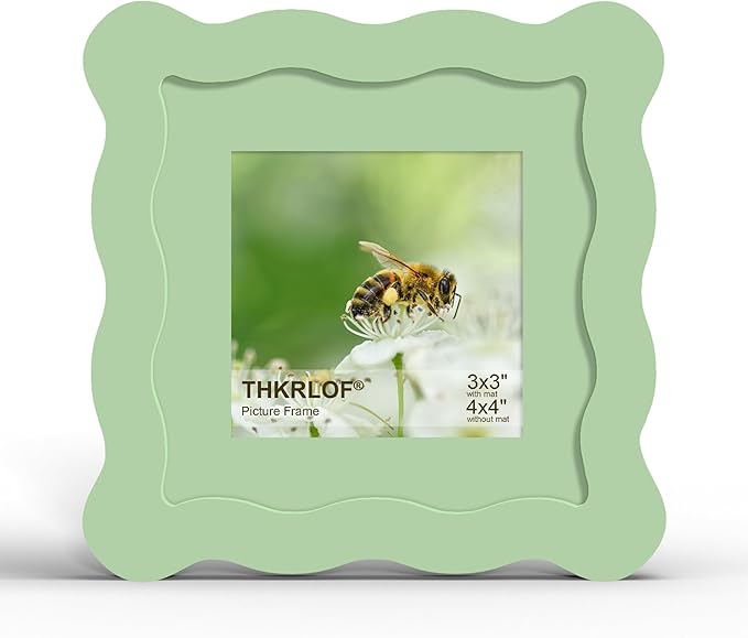 4x4 Picture Frame with Mat for 3x3, Wavy Edge Wooden Real Glass Photo Frame for by THKRLOF