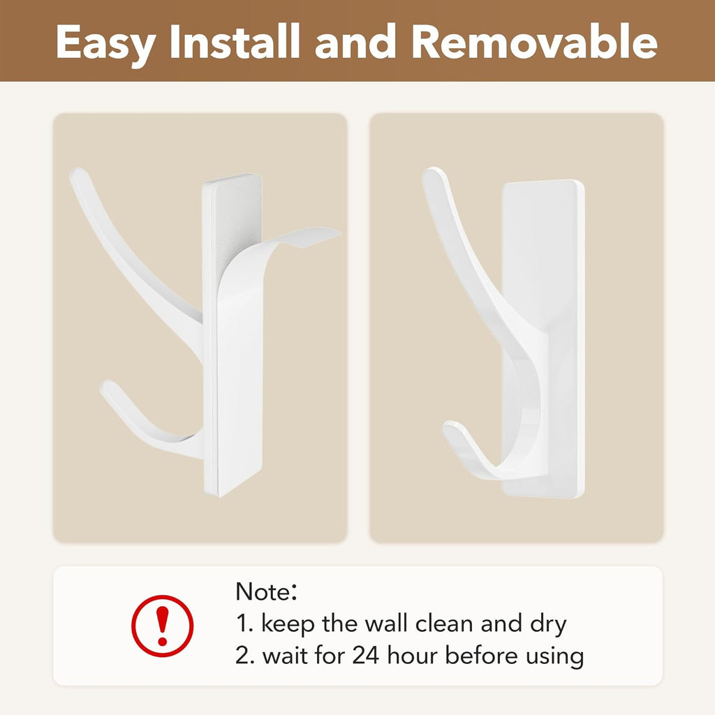 White Self Adhesive Coat Hooks for Hanging, Heavy Duty Stainless Double Wall Hook for Towel, Backpack, Hat, Sturdy Metal Hanger for Bathroom, Bedroom, Door, Wall Mounted, 4-Pack