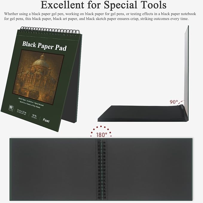 Fuxi Black Sketchbook 11x14 Inches, 60 Sheets, Hard Cover Spiral Bound | Black - Image 4