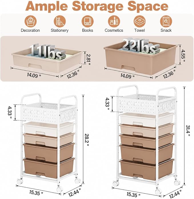 5 Drawer Rolling Storage Cart - Image 4