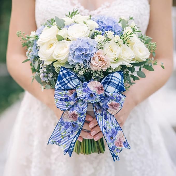 Blue Floral Wired Ribbon 2 Rolls, 2.5 Inch x 20 Yards Vintage Blue and White - Image 6