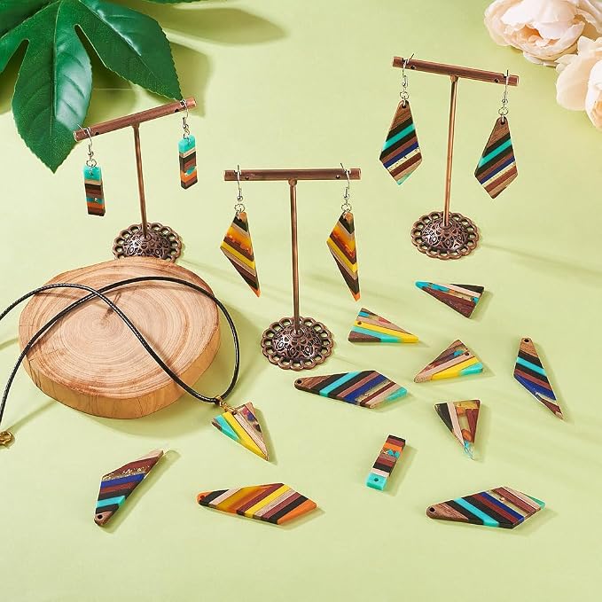 FASHEWELRY 16Pcs Geometric Resin Wood Earring Charms Colorful Wooden Earring - Image 3