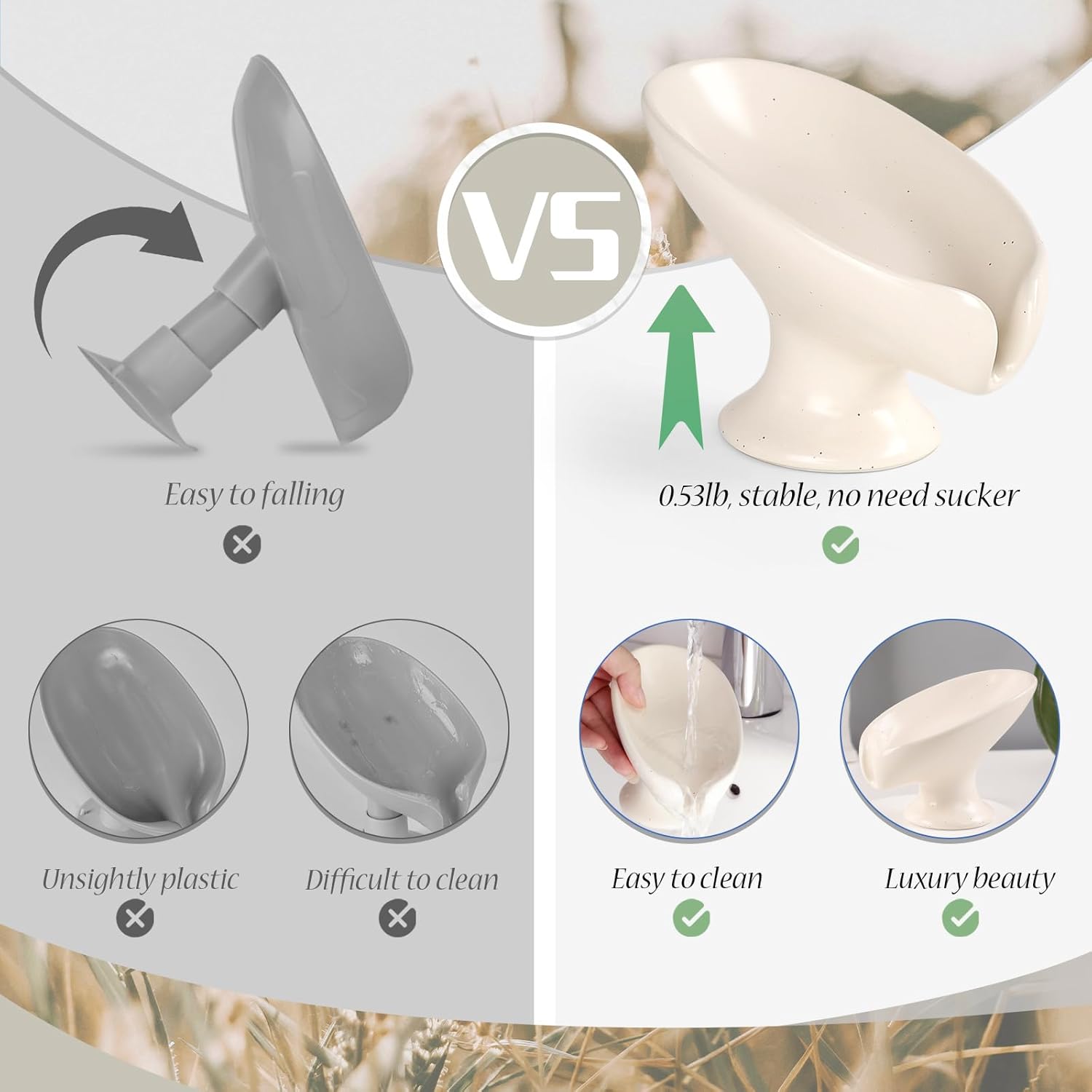 Soap Dish, Self Draining Bar Soap Holder for Bathroom Sink, Leaf Shaped Drainage Ceramic Speckled Soap Dish Porcelain Decorative Soap Dishes, ANTIS'S HOME