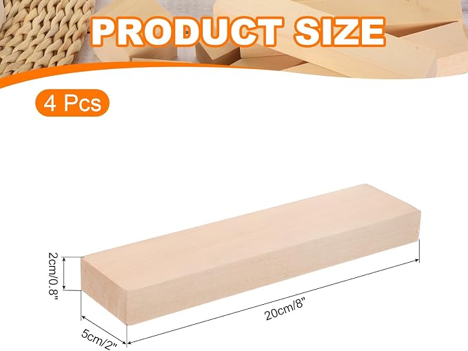 MECCANIXITY 4Pcs Basswood Carving Block, 0.8"x2"x8" Square Wooden Dowels Blocks - Image 2