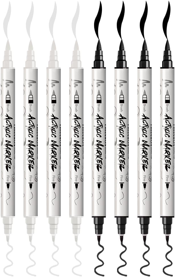 TRANSON 4 Black and 4 White Paint Markers Brush and Fine Dual-tip Acrylic Paint - Image 7