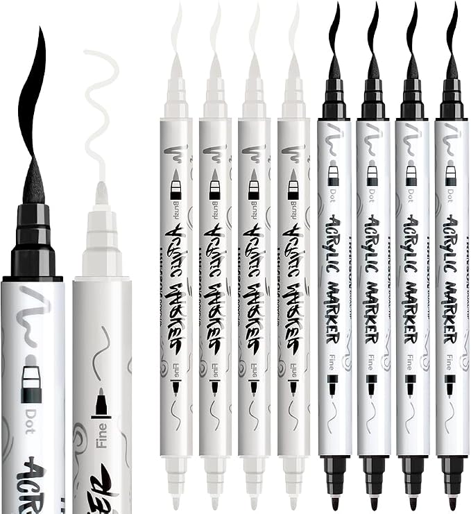 TRANSON 4 Black and 4 White Paint Markers Brush and Fine Dual-tip Acrylic Paint - Image 6