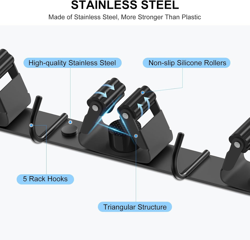 nacena Broom holder Wall Mount, 2-Pack Stainless Steel Self-Adhesive Mop and Broom Hooks Heavy Duty Broom and Mop Storage Rack laundry room organization Garage Organizer for Kitchen Garden garage