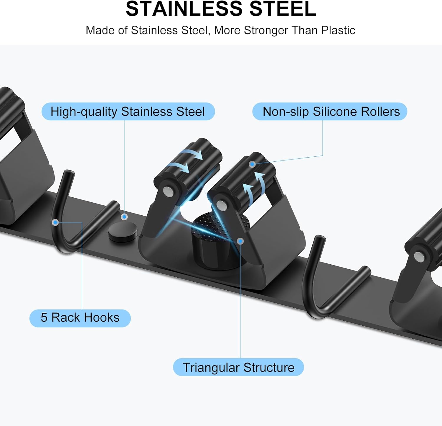 nacena Broom holder Wall Mount, 2-Pack Stainless Steel Self-Adhesive Mop and Broom Hooks Heavy Duty Broom and Mop Storage Rack laundry room organization Garage Organizer for Kitchen Garden garage