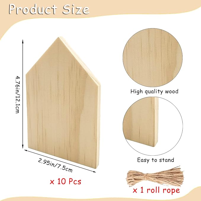 10 Pieces Unfinished House Shaped Wooden Cutouts Rustic Farmhouse Wooden - Image 2