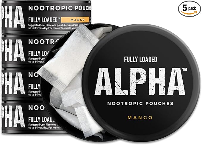 Fully Loaded Alpha Nootropic Pouches (Mango) - 5 Cans - 15 Pouches per can -Effective Nootropic Delivery, Nic Pouch Replacement - Faster Absorption, Alpha GPC, L-Tyrosine, GABA